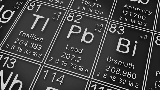 Thallium, Lead, Bismuth on the periodic table of the elements on black blackground,history of chemical elements, represents the atomic number and symbol.,3d rendering