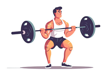 Fitness boy squat barbell arms gym. Slim, fit male athlete weightlifter training