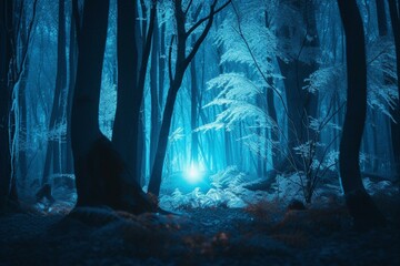 Enchanting blue forest aglow at night. Generative AI
