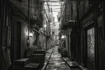 Monochrome sketch featuring European alleyway. Generative AI