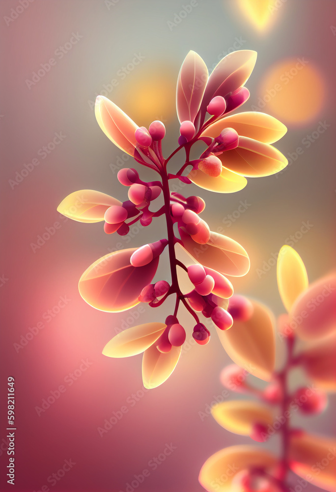 Poster beautiful abstract aronia berry concept, contemporary on bright bokeh background 3d pink and peach c