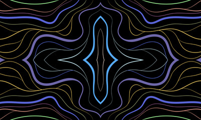 Obraz premium Colorful bright pattern of wavy lines. Composition in the form of an oriental arbitrary multi-colored pattern on a black background. Vector illustration, EPS 10. For wallpaper, notepad, print design.