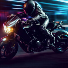 Fototapeta na wymiar Person riding motorcycle in a dark city with neon lights, genera