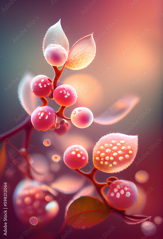 Poster beautiful abstract bilberry concept, contemporary on bright bokeh background 3d pink and peach color