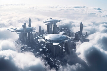 Futuristic sci fi city in clouds. Utopia. concept of the future. Flying passenger transport. Aerial fantastic view. 3d rendering