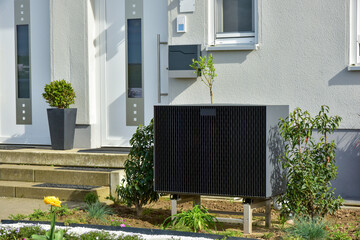 Luftwärmepumpe, Klimaanlage für Heizung und Warmwasser an einem Wohnhaus
