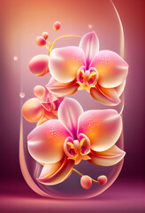 Naklejka na ściany i meble Beautiful abstract flower Orchid from smooth elegant transparent fabric concept, contemporary on bright bokeh background 3d pink and peach colors. Generative AI technology. 
