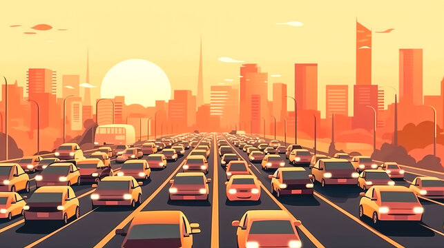 Traffic jam in evening rush hour, generative AI. Generative AI