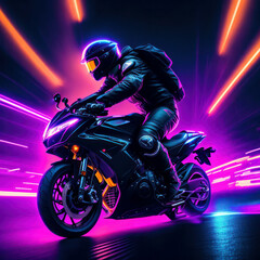 Obraz na płótnie Canvas Person riding motorcycle in a dark city with neon lights, generative AI