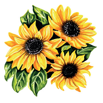 Three sunflowers with leaves. Vector EPS illustration for stickers, creating patterns, wallpaper, wrapping paper, 
postcards, design template, fabric, clothing.