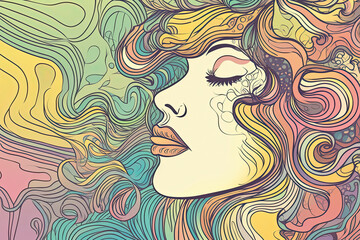 Colourful psychedelic line art with the abstract smoking woman. Cigarette