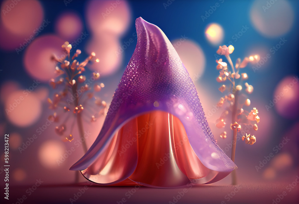 Aufkleber Beautiful abstract flower Bluebell from smooth elegant transparent fabric concept, contemporary on bright bokeh background 3d pink and peach colors. Generative AI technology.
