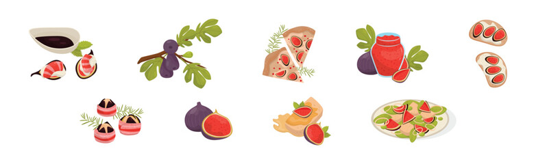 Fig Food with Fruit, Jam, Sandwich and Pizza Slice Vector Set