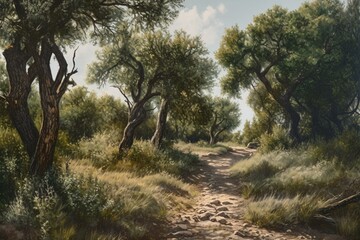 Obraz na płótnie Canvas Oil painting of trees in the landscape. Generative AI