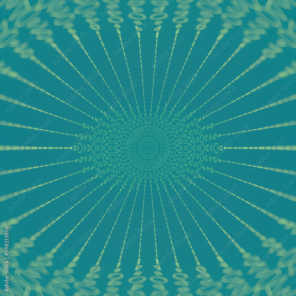 Poster spiral divergent wave of flat geometric shapes on green background. 3d rendering digital illustratio