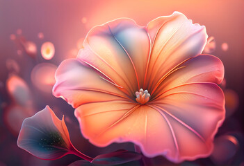 Fototapeta na wymiar Beautiful abstract flower Petunia from smooth elegant transparent fabric concept, contemporary on bright bokeh background 3d pink and peach colors. Generative AI technology. 
