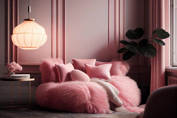 Nice Interior of pink living room with fluffy pink armchair. Generative AI.