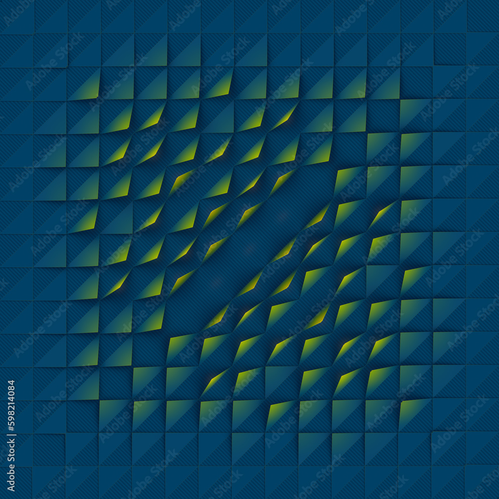 Poster Geometric composition of triangles with blue-yellow gradient. Abstract background. 3d rendering digital illustration