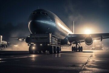 An airplane departs as a fuel tank truck waits nearby. Generative AI