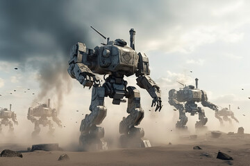 Obraz na płótnie Canvas invasion of military robots. Dramatic apocalypse super realistic concept. Future. 3d rendering.