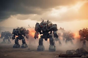 invasion of military robots. Dramatic apocalypse super realistic concept. Future. 3d rendering.