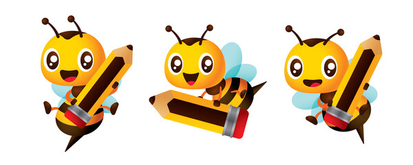 Collection cartoon cute bee holding pencil for back to school education mascot set illustration