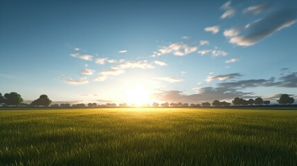 Extensive lawn and blue sky, white clouds and the sun set on the horizon land scape. Generative Ai