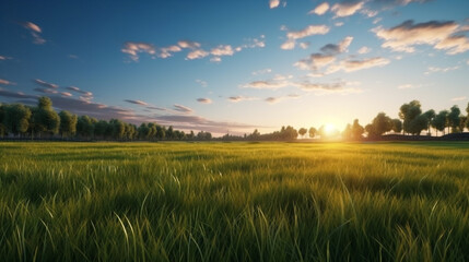 Extensive lawn and blue sky, white clouds and the sun set on the horizon land scape. Generative Ai