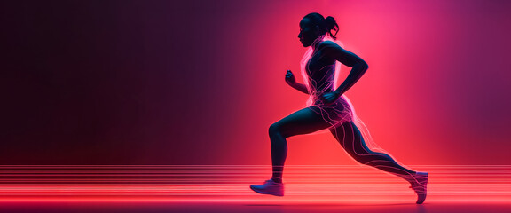 Fototapeta na wymiar Silhouette of running athlete. Abstract image of sporty woman runner jogger on red-purple form lines, point background. Dynamic movement, vide view. Banner, copy space. Generative AI.
