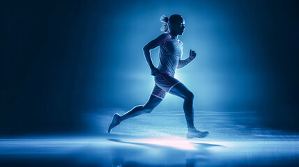Silhouette of running athlete. Abstract image of sporty man runner jogger on blue form lines, point background. Dynamic movement, vide view. Generative AI. High quality illustration