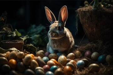 Fototapeta na wymiar A happy rabbit's exploration for Easter eggs. Generative AI