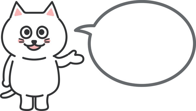 White cartoon cat informs something with a speech bubble. Vector illustration.