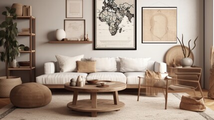 Minimalist decor and modern art in an art collector's living room. AI generated