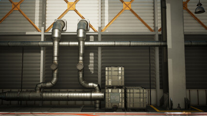工場内の壁面にあるパイプダクト設備