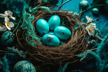 A nest filled with vibrant turquoise Easter eggs and fresh spring flowers. Generative AI