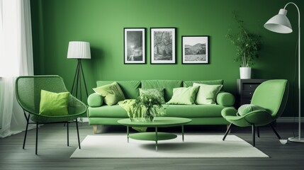 Monochromatic color scheme green interior wall. AI generated