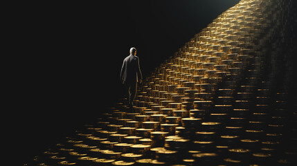 A man among gold coins, steps made of money, generative AI. Generative AI