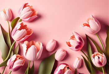 Fototapeta premium pink tulips on pink background with copy space