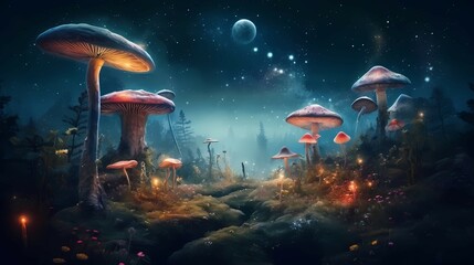 Surreal psychedelic landscape. fantastic mushrooms