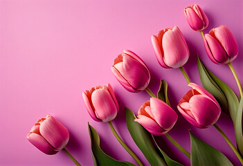 pink tulips on pink background with copy space