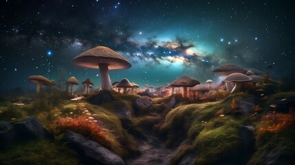 Fototapeta na wymiar Surreal psychedelic landscape. fantastic mushrooms