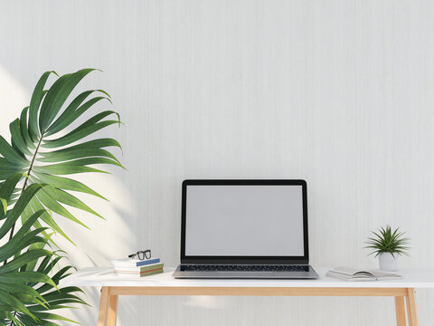 3D render of interior modern living room workspace with laptop computer