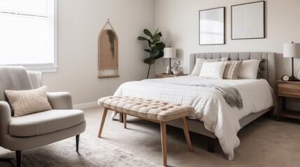 Neutral furniture and minimalist decor in a minimalist guest room. AI generated
