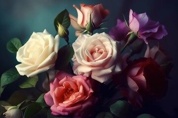 Beautiful bouquet of roses on a dark background,  vintage style background, Generative AI