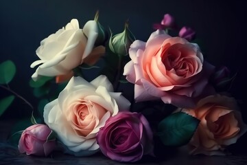 Beautiful bouquet of roses on a dark background,  vintage style background, Generative AI