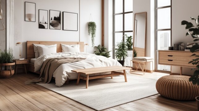 Neutral furniture and minimalist decor in a minimalist guest room. AI generated