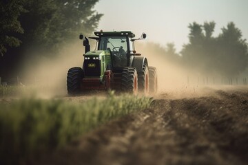 Tractor drives through field with seedlings, raising dust. Generative AI