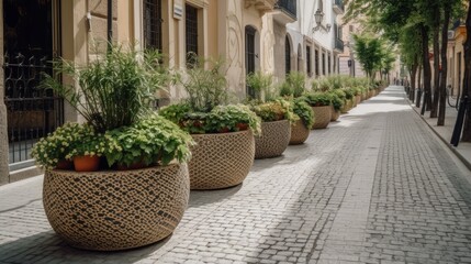 Fototapeta na wymiar Planters filled with lush foliage with patterns mimicking street grids. AI generated