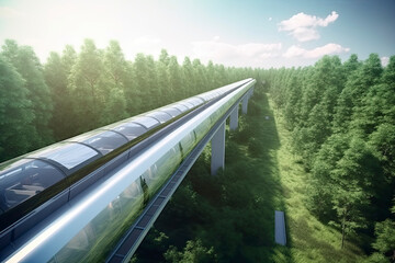 futuristic, modern Maglev train passing on mono rail. Ecological future concept. Aerial nature view. 3d rendering.