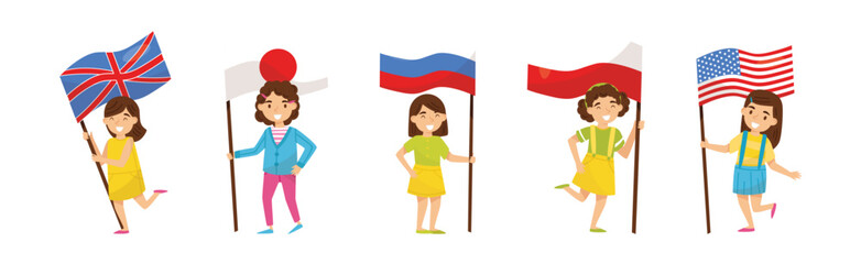 Little Girl Holding National Flags of Different Countries Waving on Pole Vector Set
